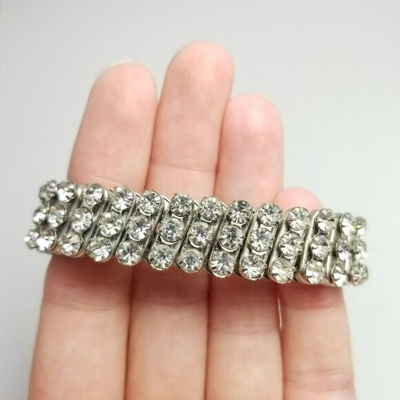 Vintage Three Row Rhinestone Expansion Stretch Bangle Bracelet British Hong Kong - Picture 1 of 8